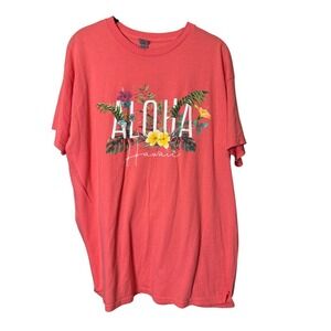 Gildan Hawaii Aloha Floral Graphic T-Shirt Coral Pink Heavy Cotton Large